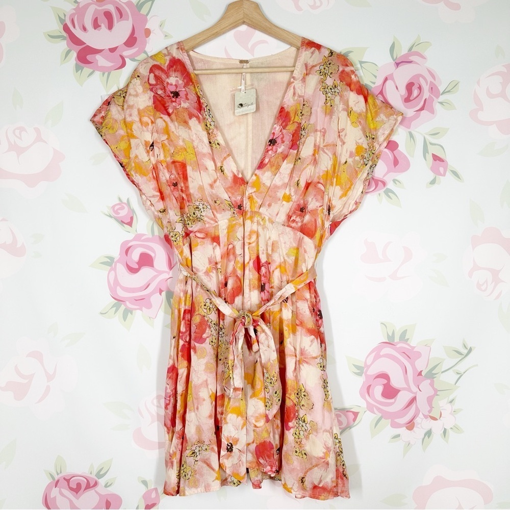 NEW Free People Freddy Floral Romantic V Neck Tie Front Mini Dress S